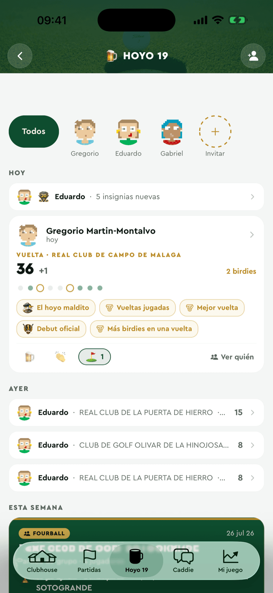 El Hoyo 19 de Badgie Golf: feed social con vueltas, insignias y fourballs