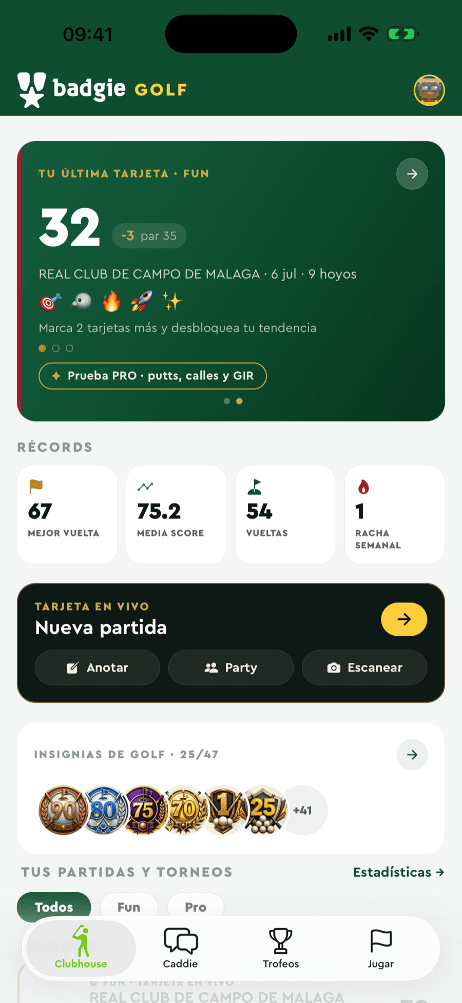 Tarjeta en vivo de Badgie Golf: anota, party y escanea tu tarjeta