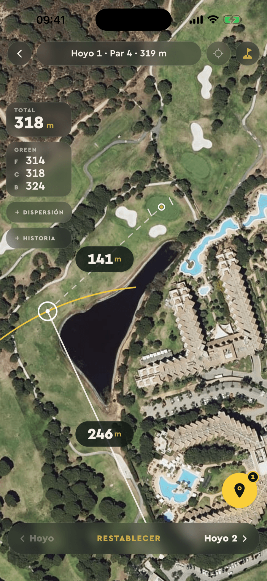 Medidor GPS de Badgie Golf: distancias a green sobre vista satélite