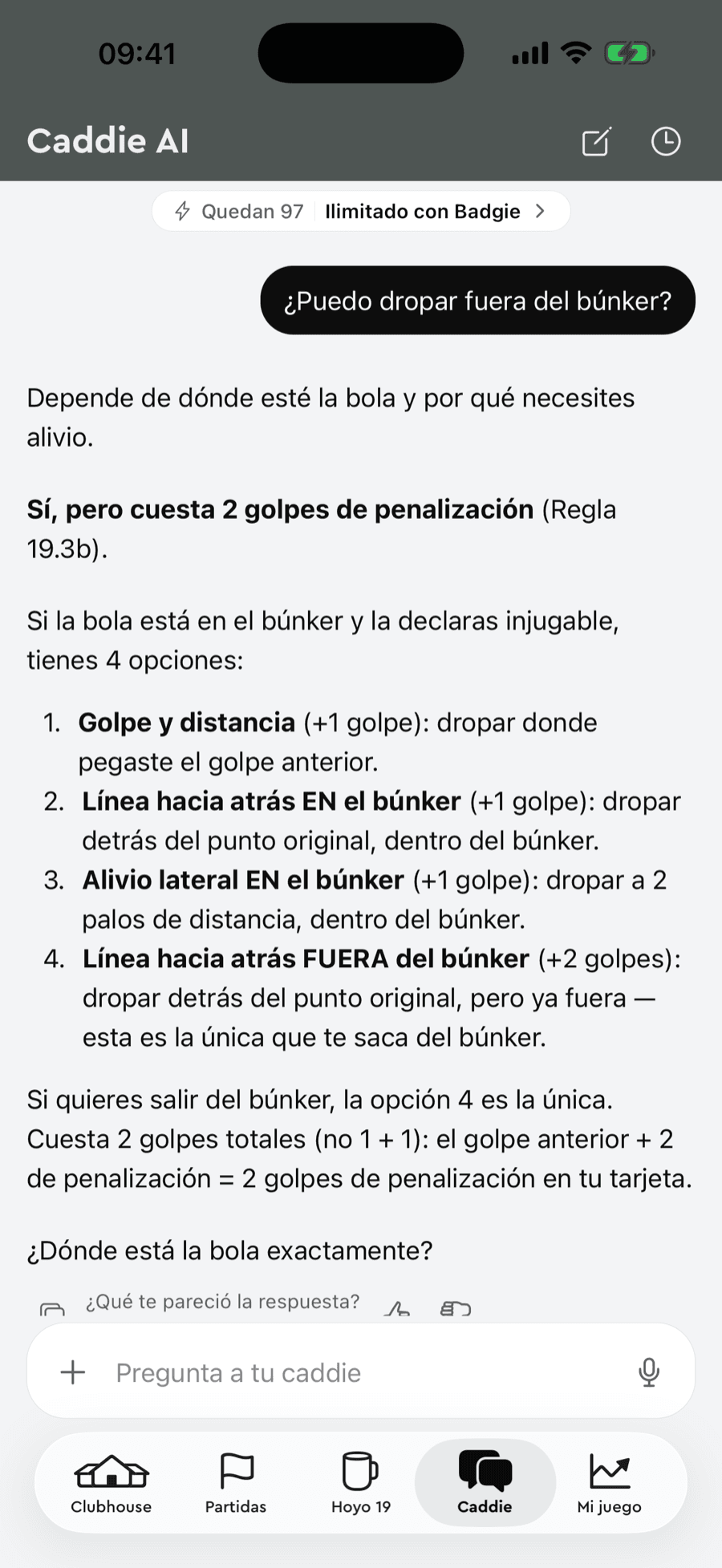 Badgie Golf Caddie AI answering about bunker relief with rule 19.3b