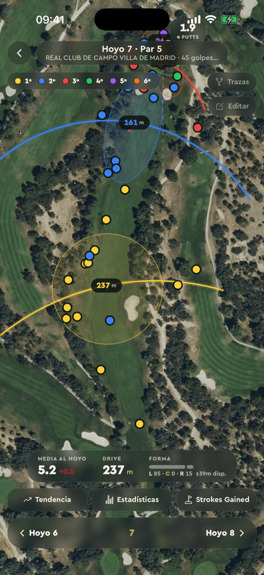 Badgie Golf shot dispersion on the satellite of hole 7, with Strokes Gained