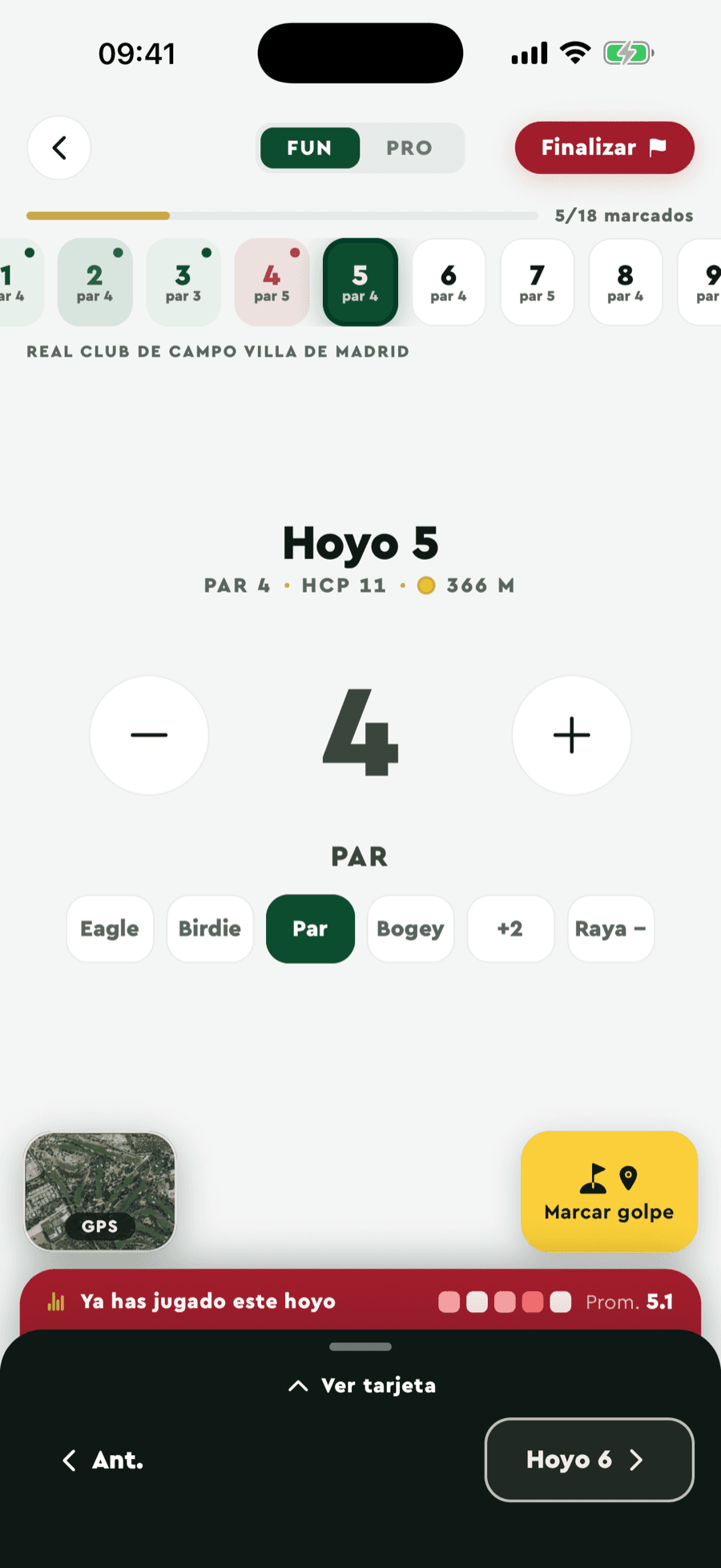 Badgie Golf live scorecard: scoring the hole with GPS and your average