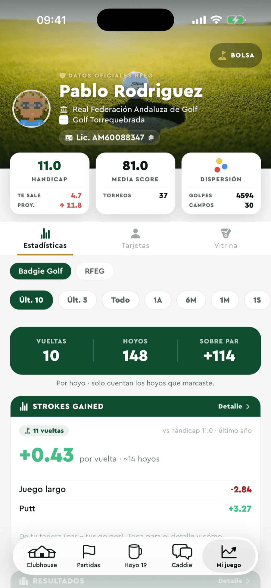 Official RFEG card in Badgie Golf: handicap 11.0, scoring average and synced tournaments